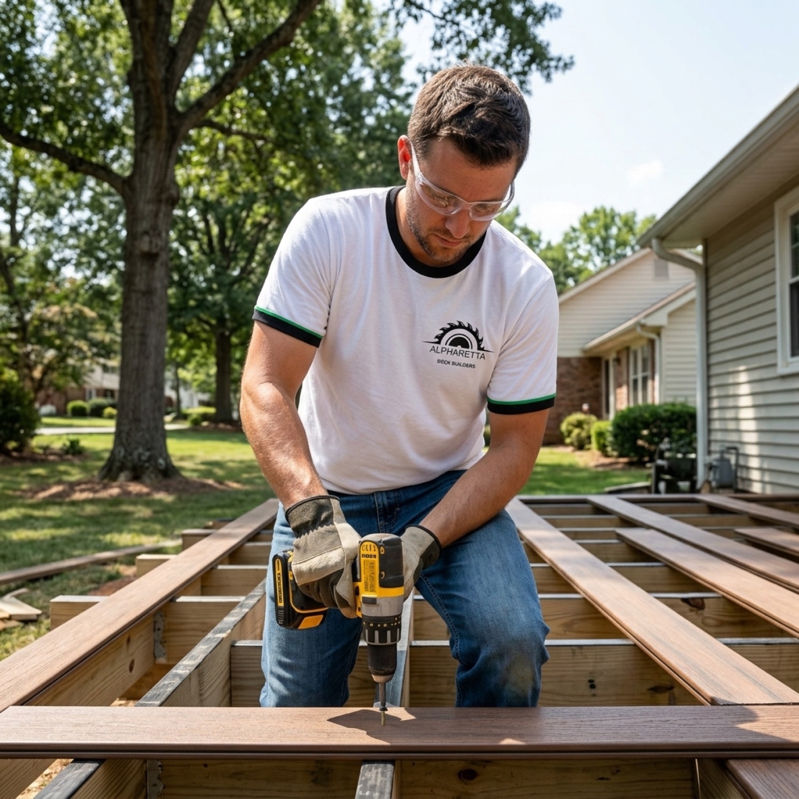Crew installing composite decking boards on an Alpharetta GA deck