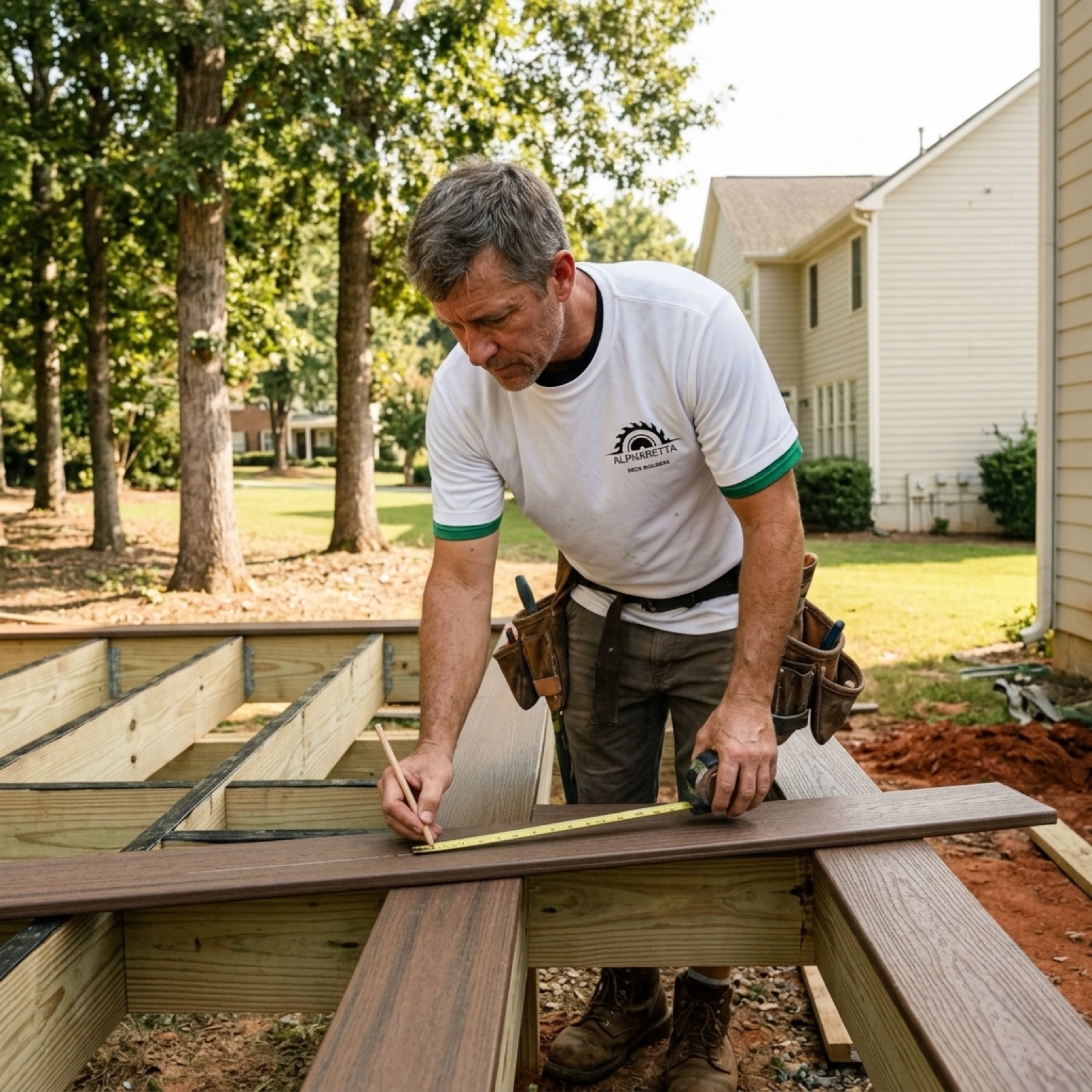 Alpharetta Deck Builders crew measuring a jobsite in Alpharetta GA