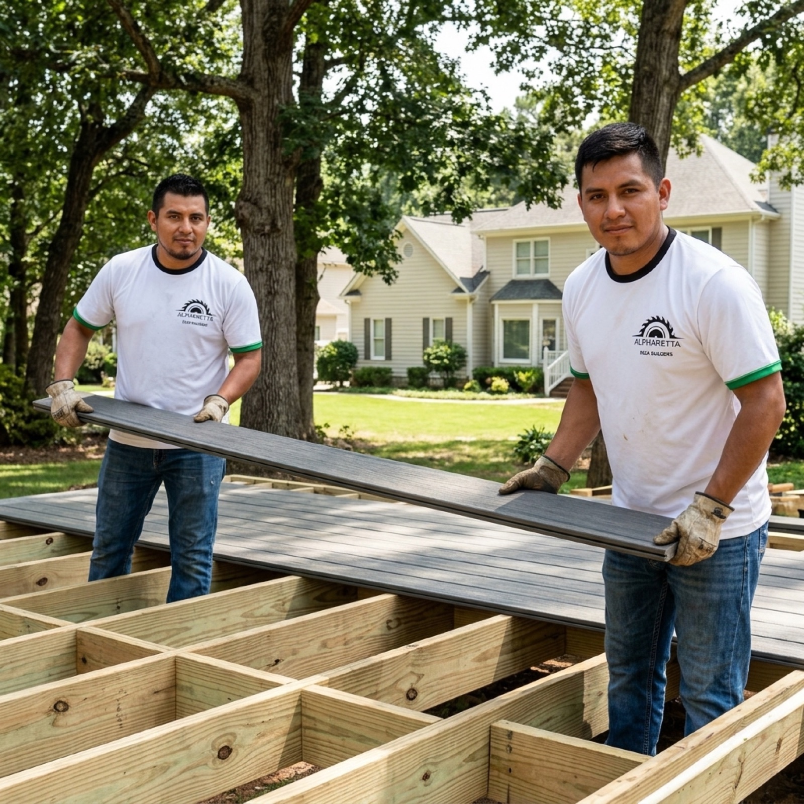 Crew carrying decking boards on an Alpharetta GA jobsite