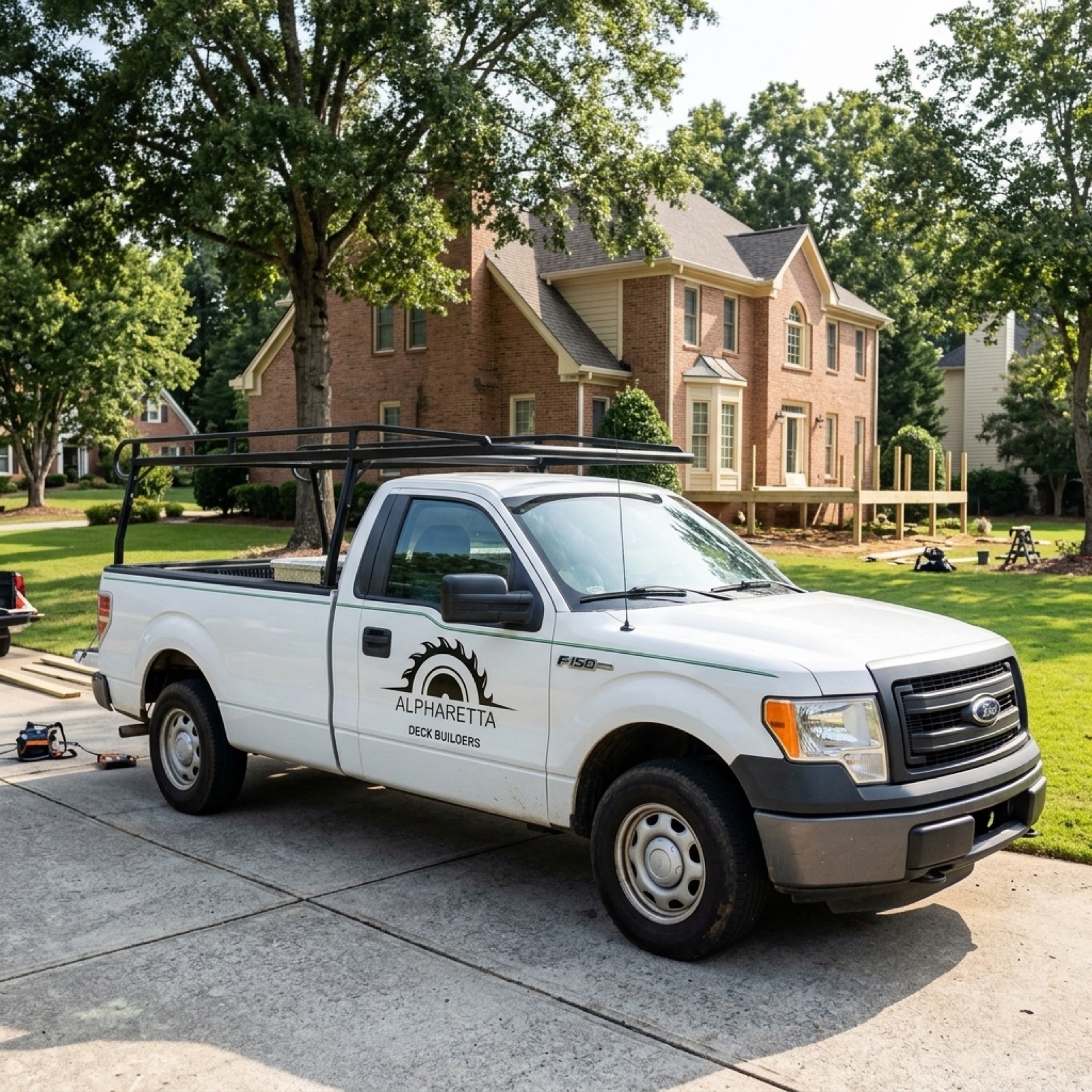 Alpharetta Deck Builders branded truck on a job in Alpharetta GA