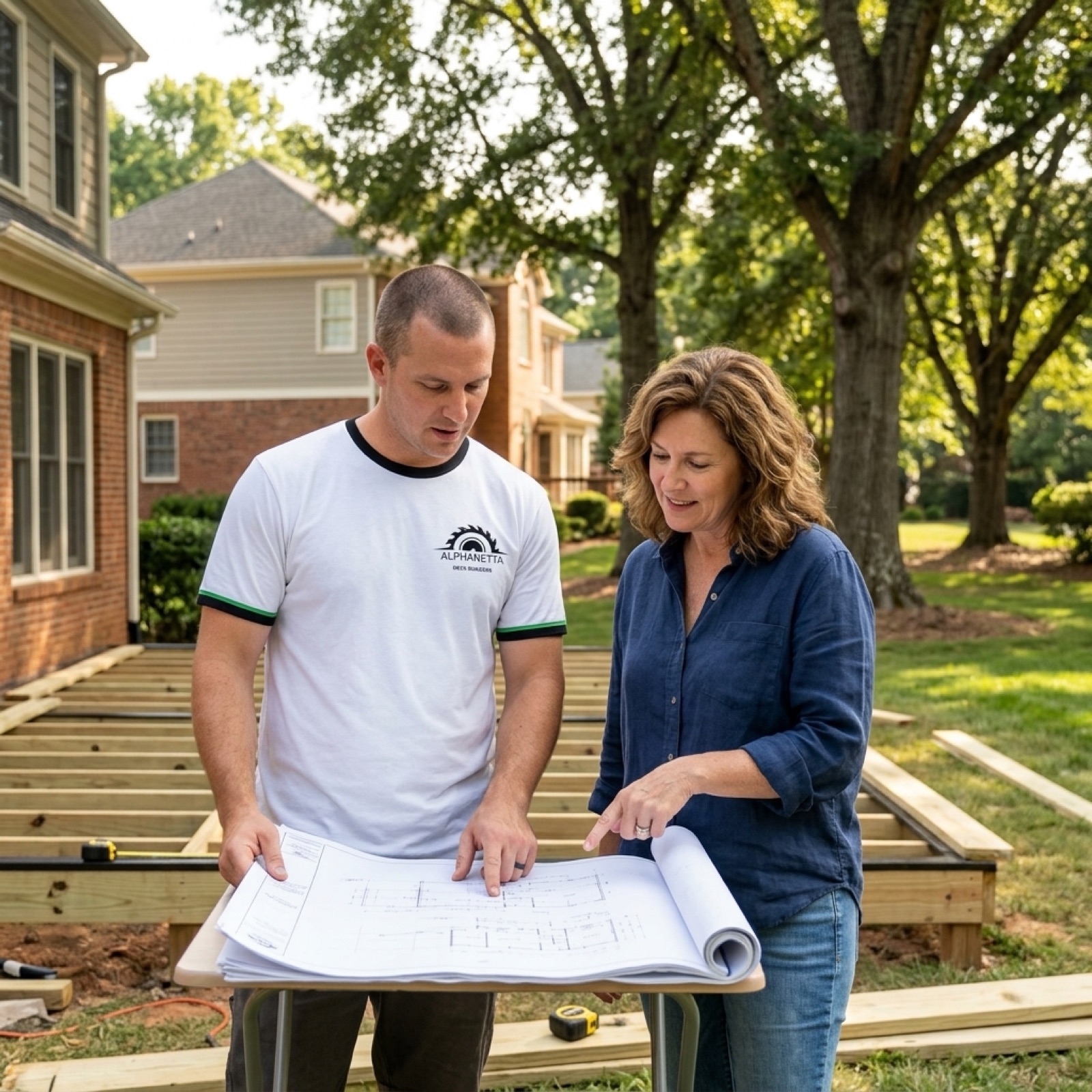 Deck design consultation with an Alpharetta GA homeowner