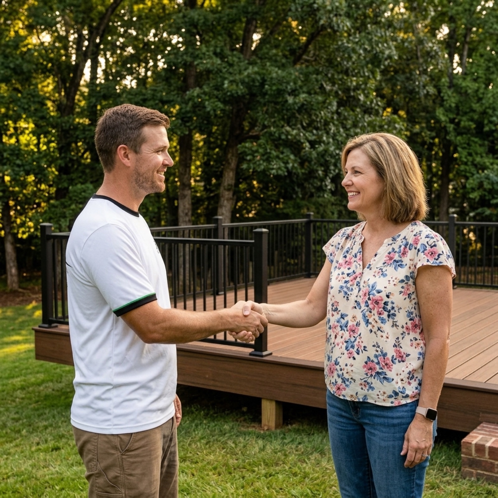 Happy homeowner with a new deck near Alpharetta GA