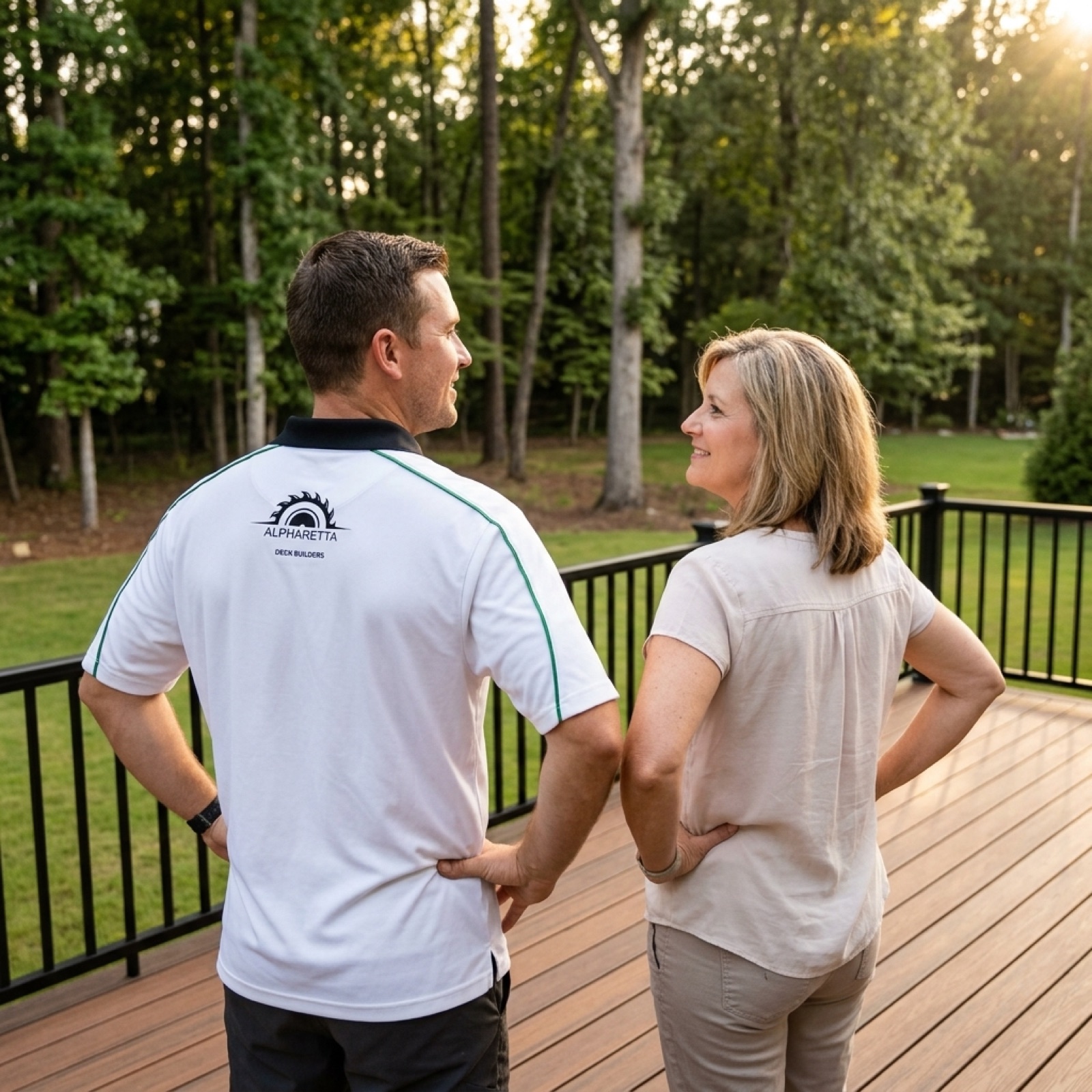 Homeowner enjoying a screened porch built onto an Alpharetta GA deck