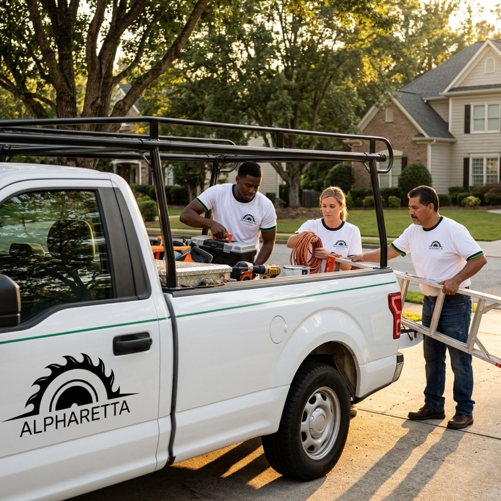 Alpharetta Deck Builders crew loading up at golden hour